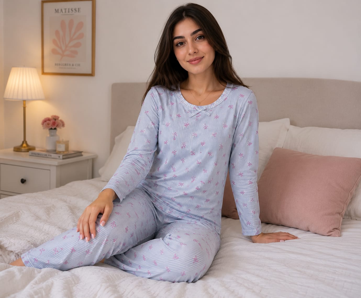 بيجاما حريمي قطنية خفيفه بلمسة دانتل رقيقة وانثوية