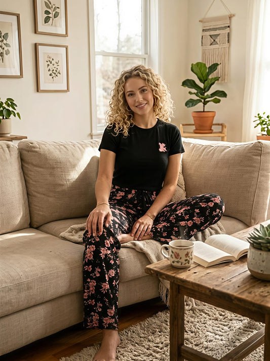 بيجامة سوداء - بزهور وردية